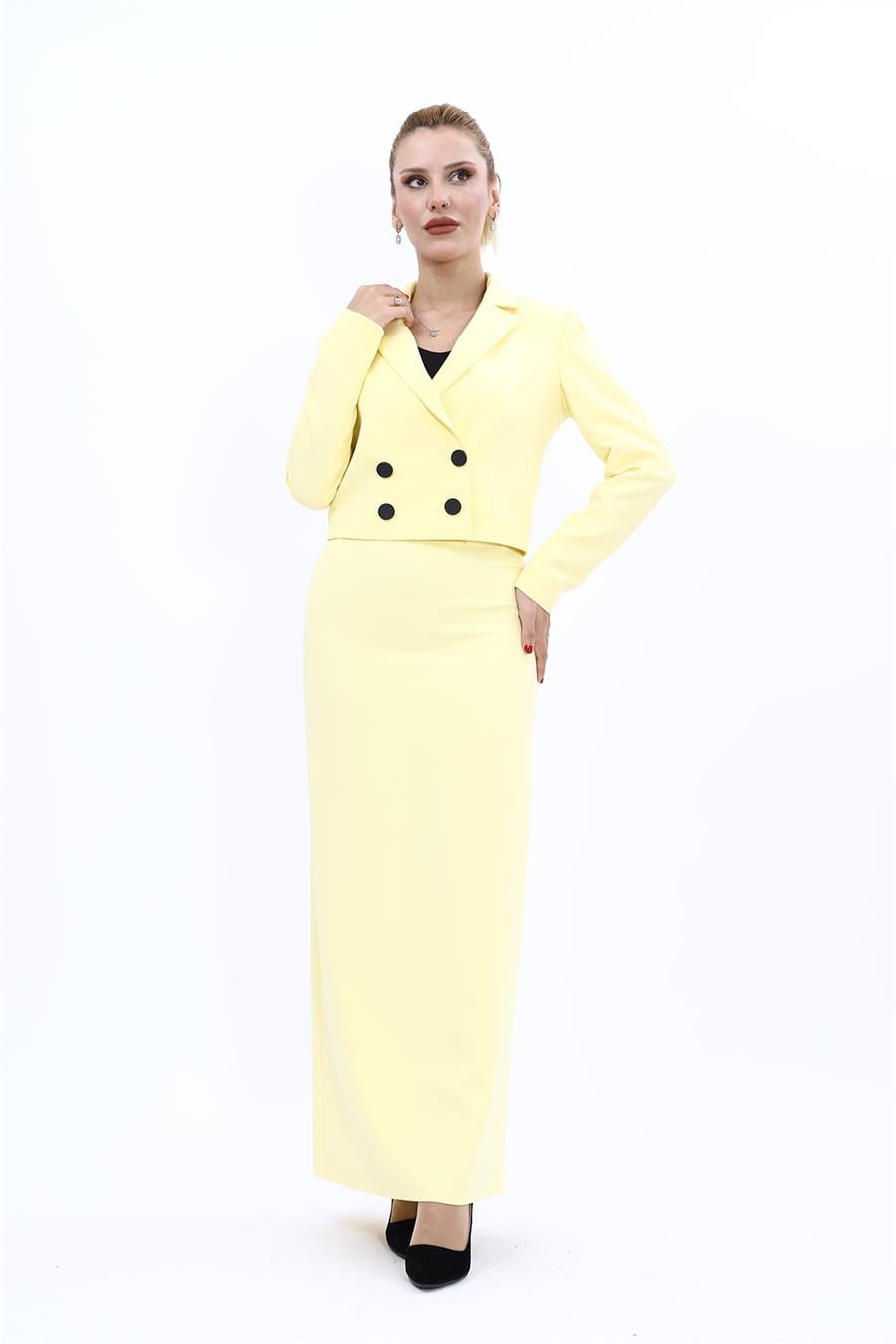 Erkek Yaka Kuruvaze Kısa Ceket & Uzun Düz Dar Etek-Sarı Önder Özsoy 1048553 Mini Blazer Ceket & Uzun Kalem Etek Takım