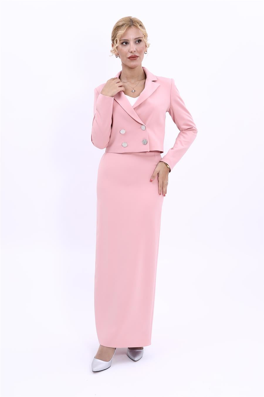 Erkek Yaka Kuruvaze Kısa Ceket & Uzun Düz Dar Etek-Pudra Önder Özsoy 1048553 Mini Blazer Ceket & Uzun Kalem Etek Takım