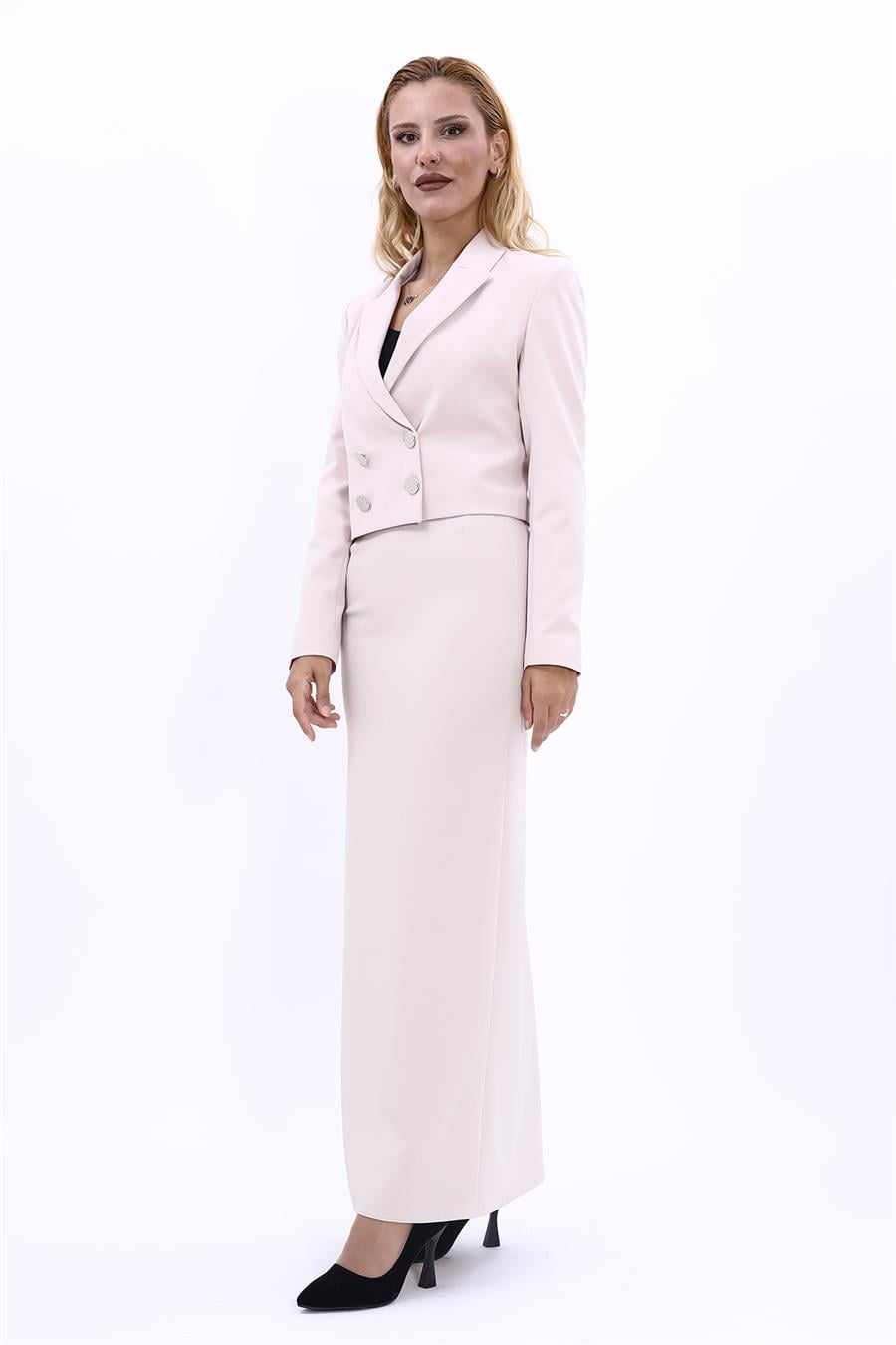 Erkek Yaka Kuruvaze Kısa Ceket & Uzun Düz Dar Etek-Bej Önder Özsoy 1048553 Mini Blazer Ceket & Uzun Kalem Etek Takım