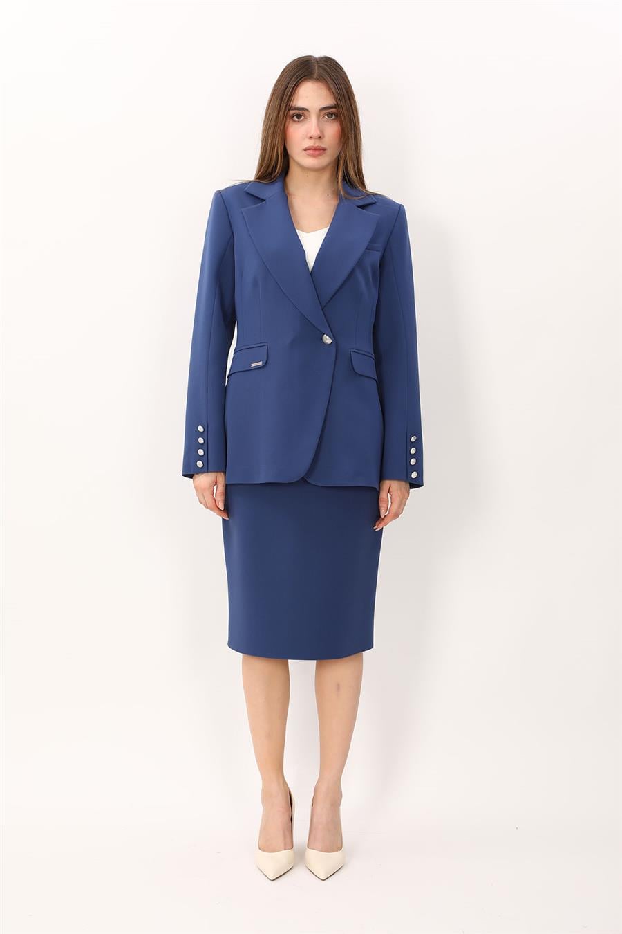Erkek Yaka Kuruvaze Tek Düğmeli Ceket & Düz Dar Etek-İndigo Önder Özsoy 1084540 Etek Ceket Takım