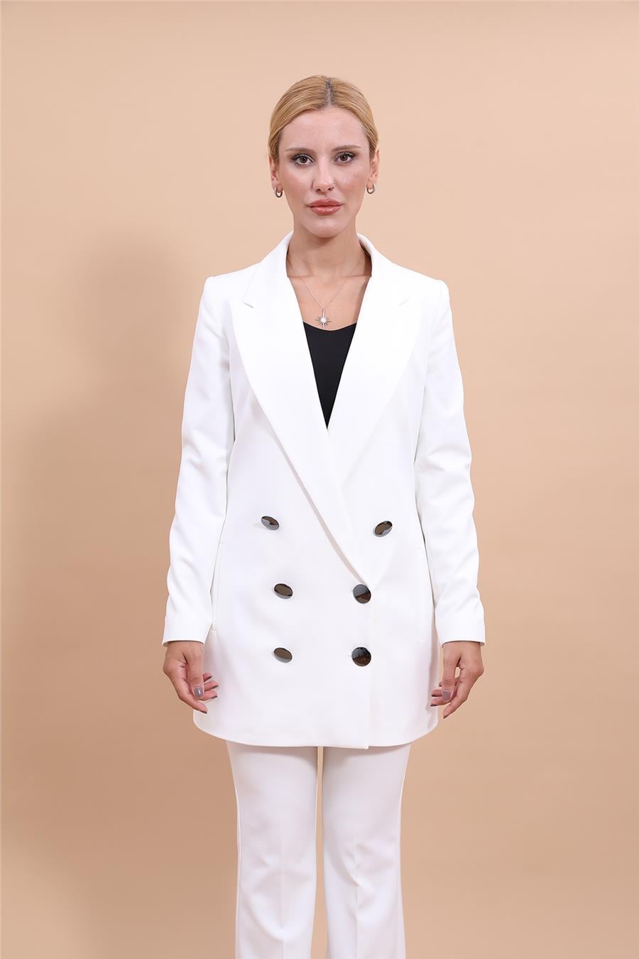Erkek Yaka Kuruvaze Uzun Ceket-Beyaz Önder Özsoy 1066100 Uzun Klasik Blazer Ceket