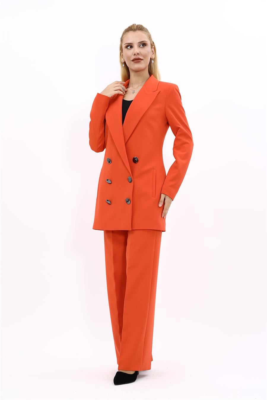 Erkek Yaka Kuruvaze Uzun Ceket & Bol Paça Pantolon-Turuncu Önder Özsoy 1066520 Uzun Klasik Blazer Ceket & Bol Paça Pantolon Takım