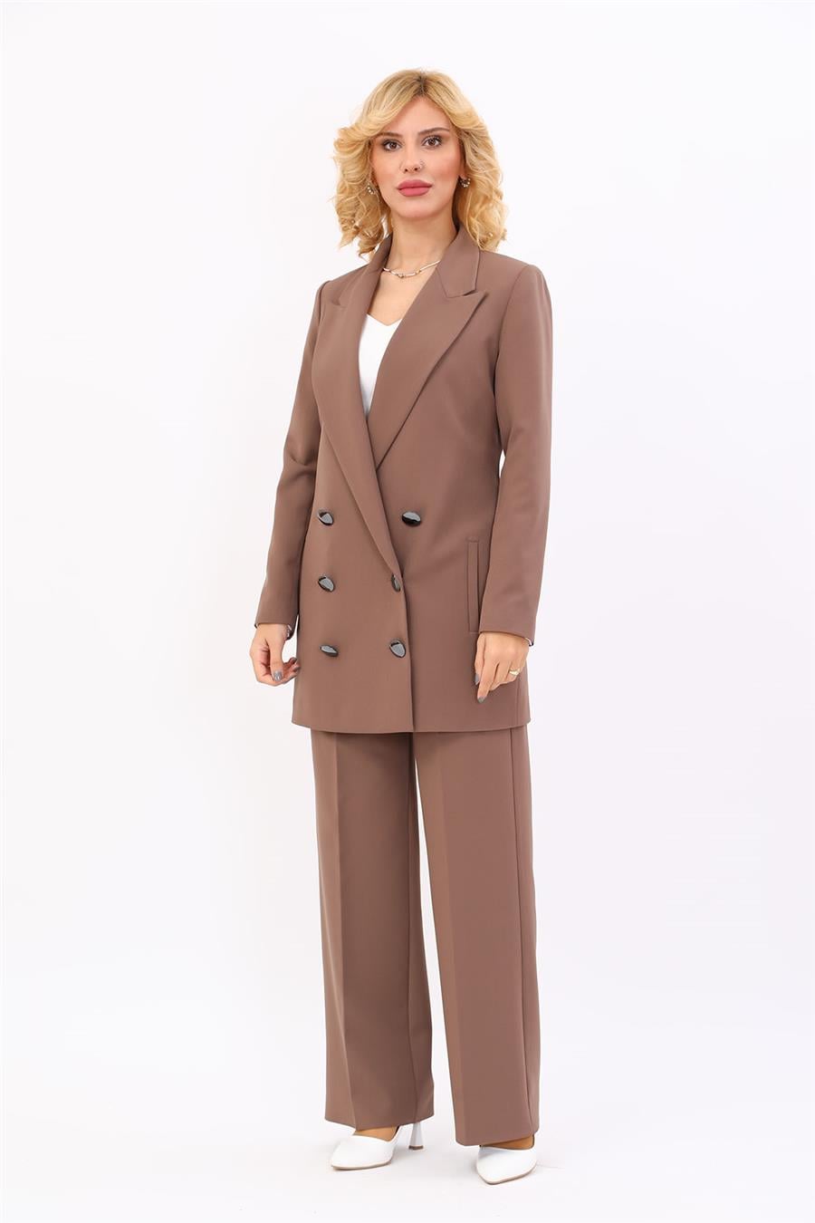 Erkek Yaka Kuruvaze Uzun Ceket & Bol Paça Pantolon-Kahve Önder Özsoy 1066520 Uzun Klasik Blazer Ceket & Bol Paça Pantolon Takım