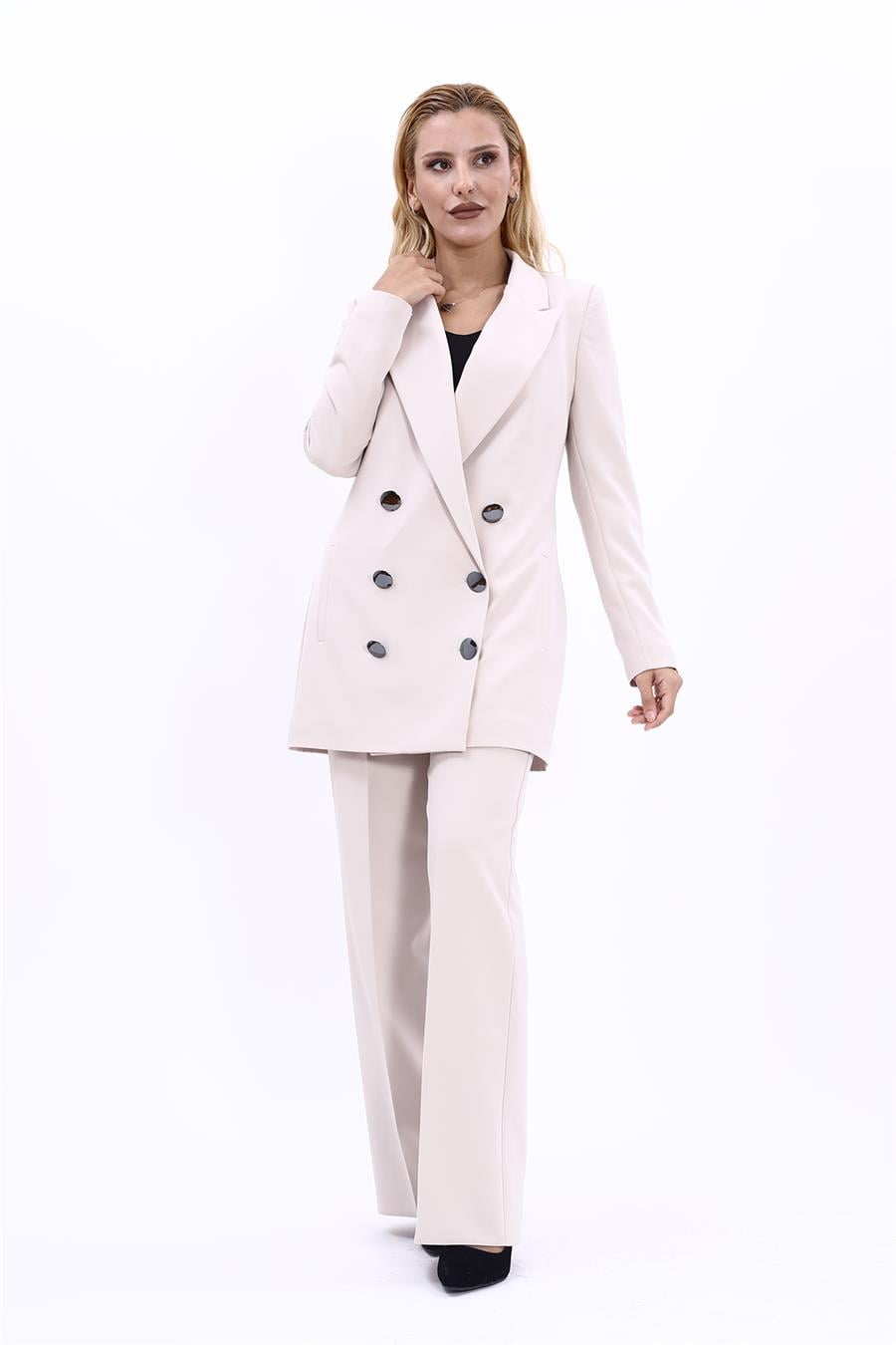 Erkek Yaka Kuruvaze Uzun Ceket & Bol Paça Pantolon-Bej Önder Özsoy 1066520 Uzun Klasik Blazer Ceket & Bol Paça Pantolon Takım