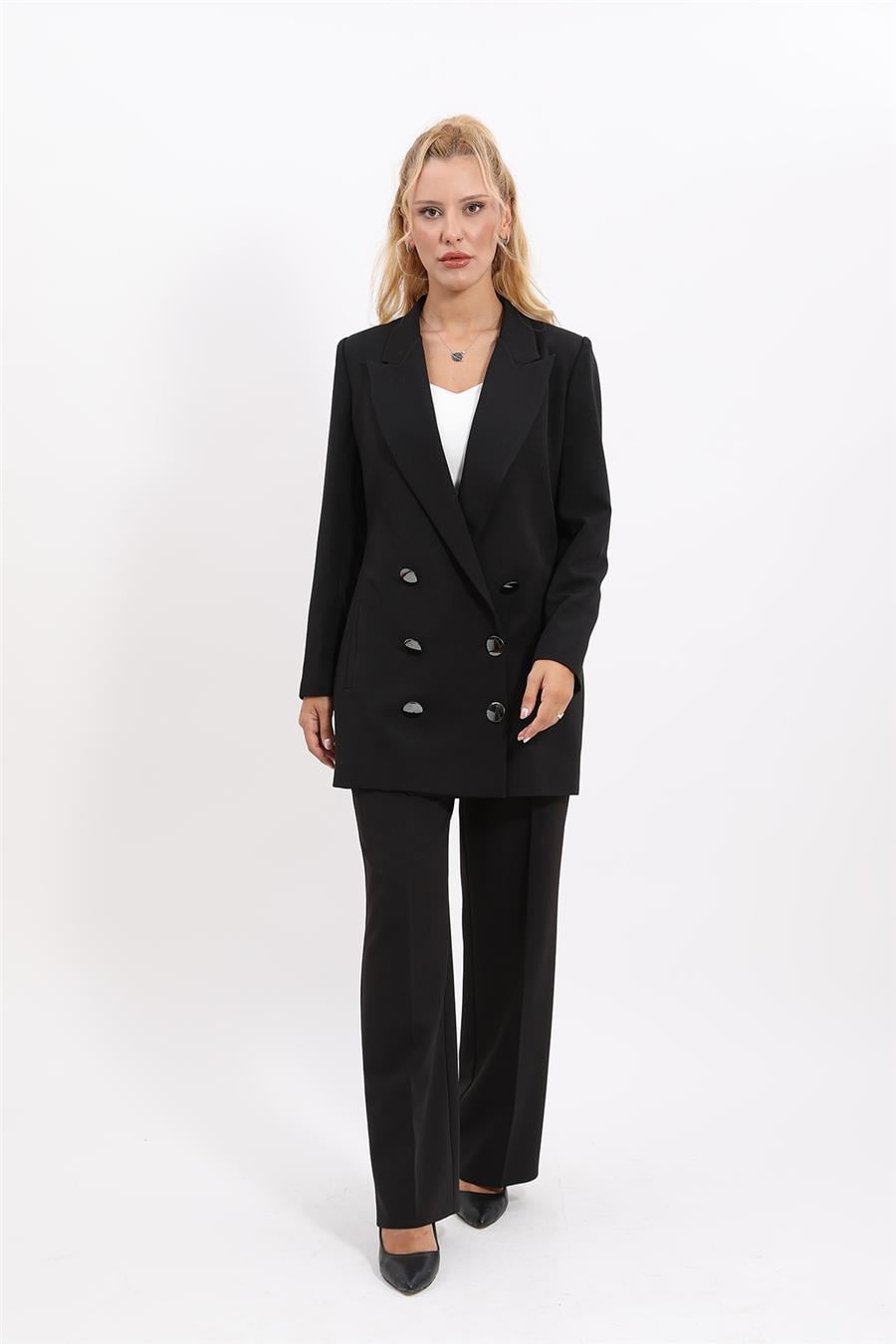 Erkek Yaka Kuruvaze Uzun Ceket & Bol Paça Pantolon-Siyah Önder Özsoy 1066520 Uzun Klasik Blazer Ceket & Bol Paça Pantolon Takım