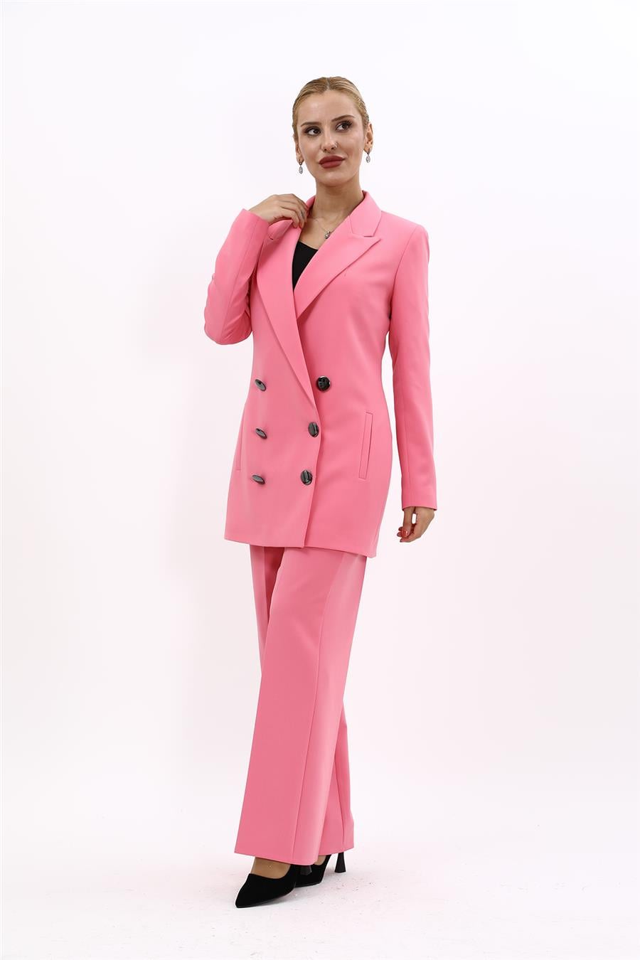Erkek Yaka Kuruvaze Uzun Ceket & Bol Paça Pantolon-Pembe Önder Özsoy 1066520 Uzun Klasik Blazer Ceket & Bol Paça Pantolon Takım