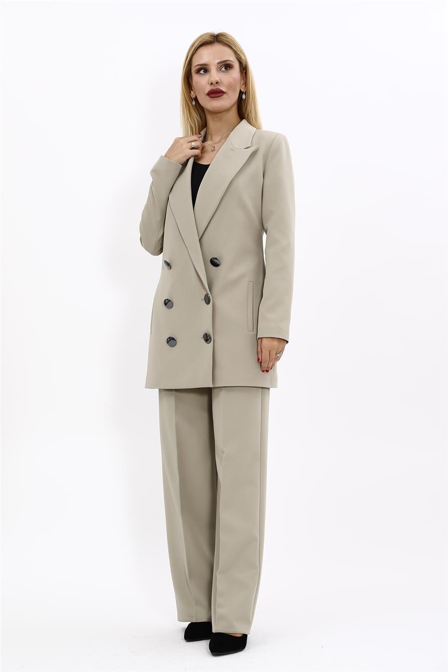 Erkek Yaka Kuruvaze Uzun Ceket & Bol Paça Pantolon-Bambu Önder Özsoy 1066520 Uzun Klasik Blazer Ceket & Bol Paça Pantolon Takım