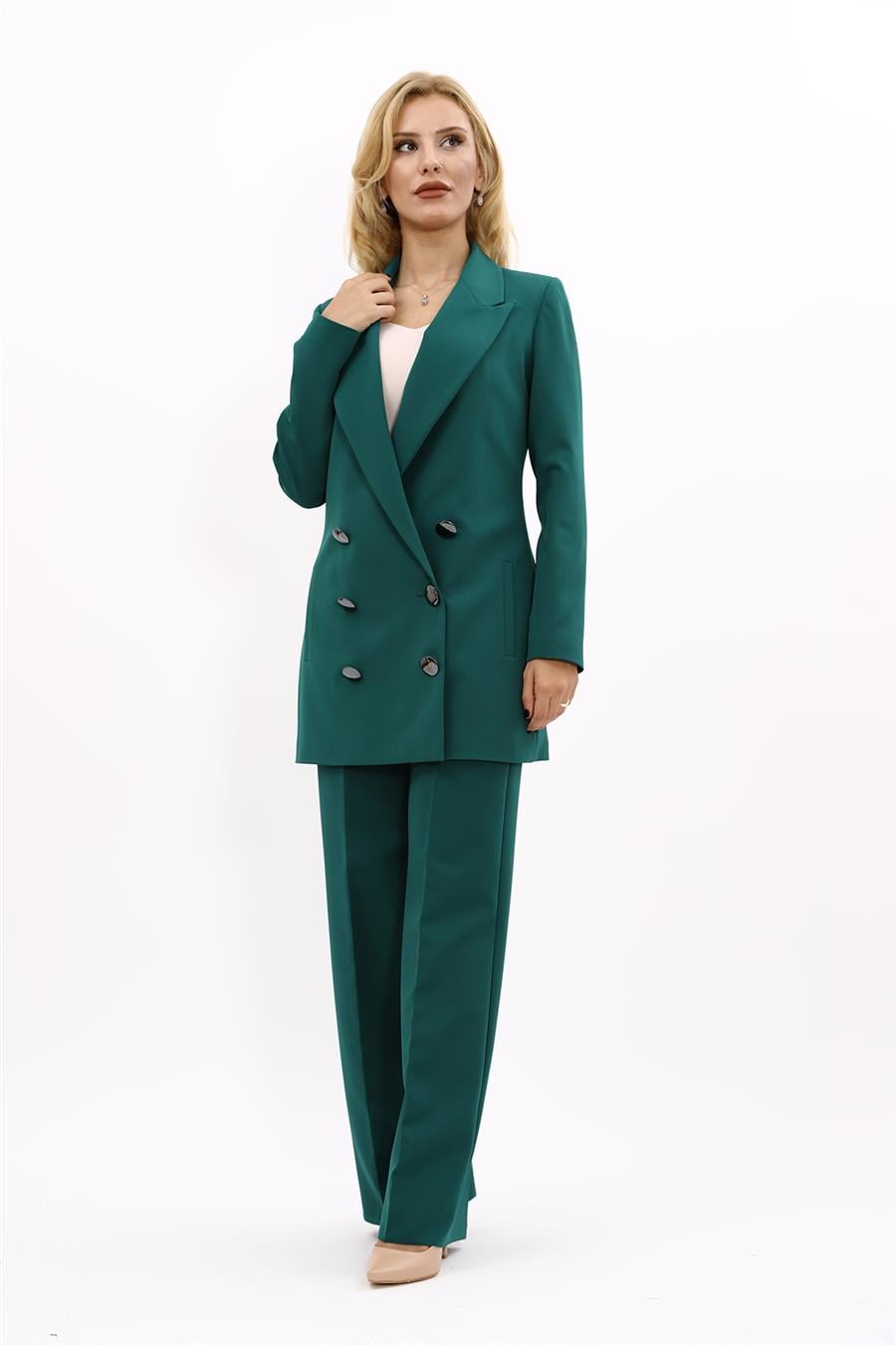 Erkek Yaka Kuruvaze Uzun Ceket & Bol Paça Pantolon-Zümrüt Önder Özsoy 1066520 Uzun Klasik Blazer Ceket & Bol Paça Pantolon Takım