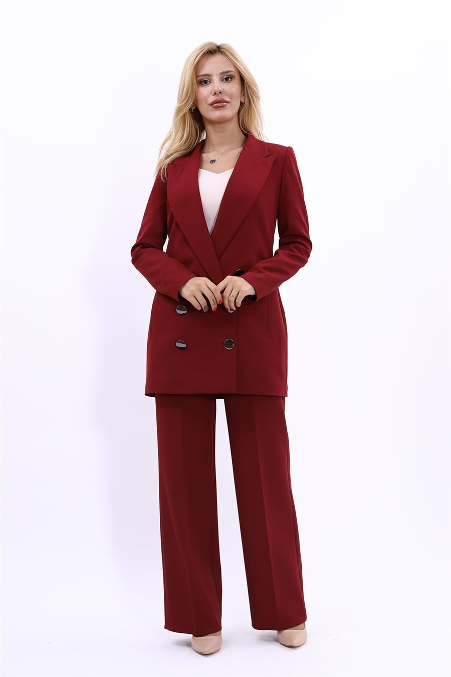 Erkek Yaka Kuruvaze Uzun Ceket & Bol Paça Pantolon-Bordo Önder Özsoy 1066520 Uzun Klasik Blazer Ceket & Bol Paça Pantolon Takım