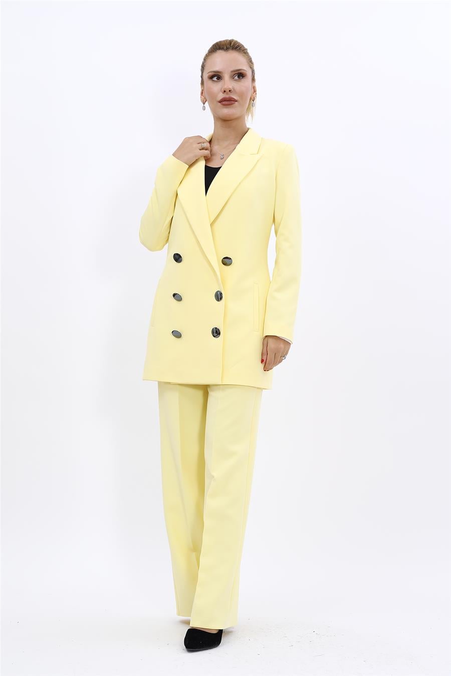 Erkek Yaka Kuruvaze Uzun Ceket & Bol Paça Pantolon-Sarı Önder Özsoy 1066520 Uzun Klasik Blazer Ceket & Bol Paça Pantolon Takım