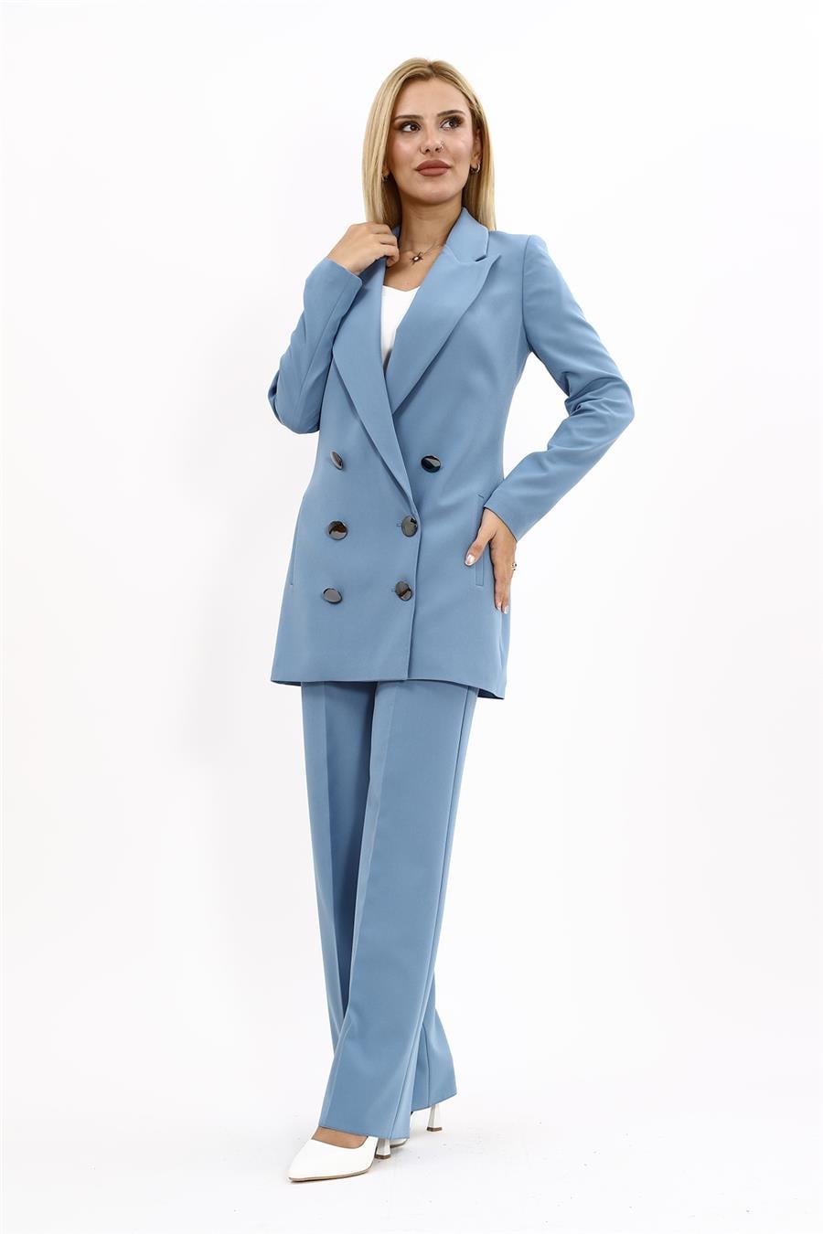 Erkek Yaka Kuruvaze Uzun Ceket & Bol Paça Pantolon-Deniz Önder Özsoy 1066520 Uzun Klasik Blazer Ceket & Bol Paça Pantolon Takım