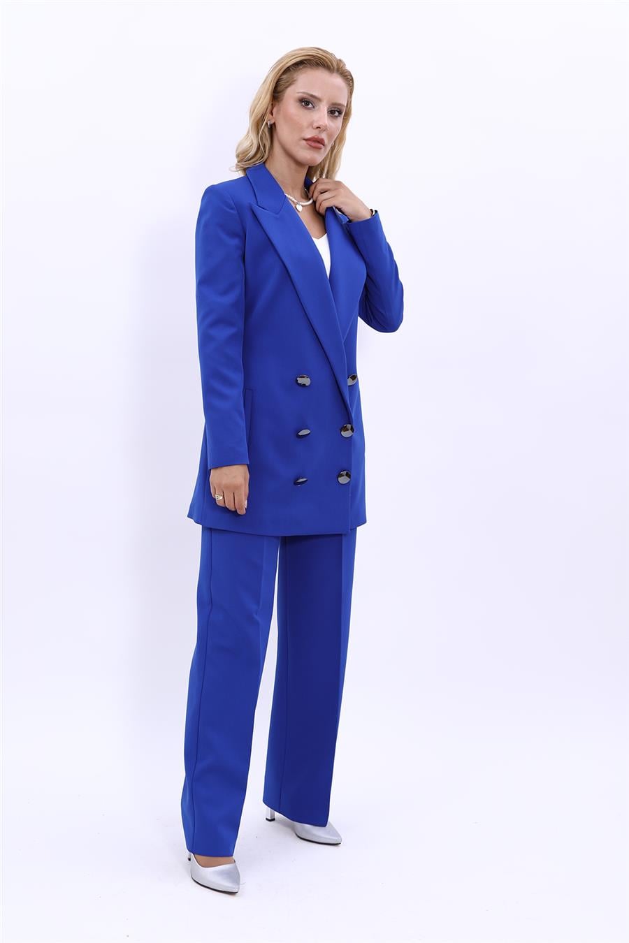 Erkek Yaka Kuruvaze Uzun Ceket & Bol Paça Pantolon-Saks Önder Özsoy 1066520 Uzun Klasik Blazer Ceket & Bol Paça Pantolon Takım