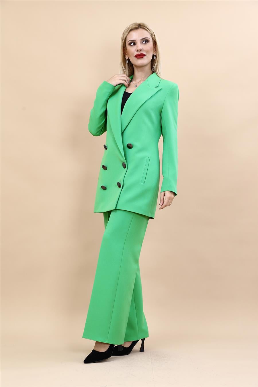 Erkek Yaka Kuruvaze Uzun Ceket & Bol Paça Pantolon-Yeşil Önder Özsoy 1066520 Uzun Klasik Blazer Ceket & Bol Paça Pantolon Takım