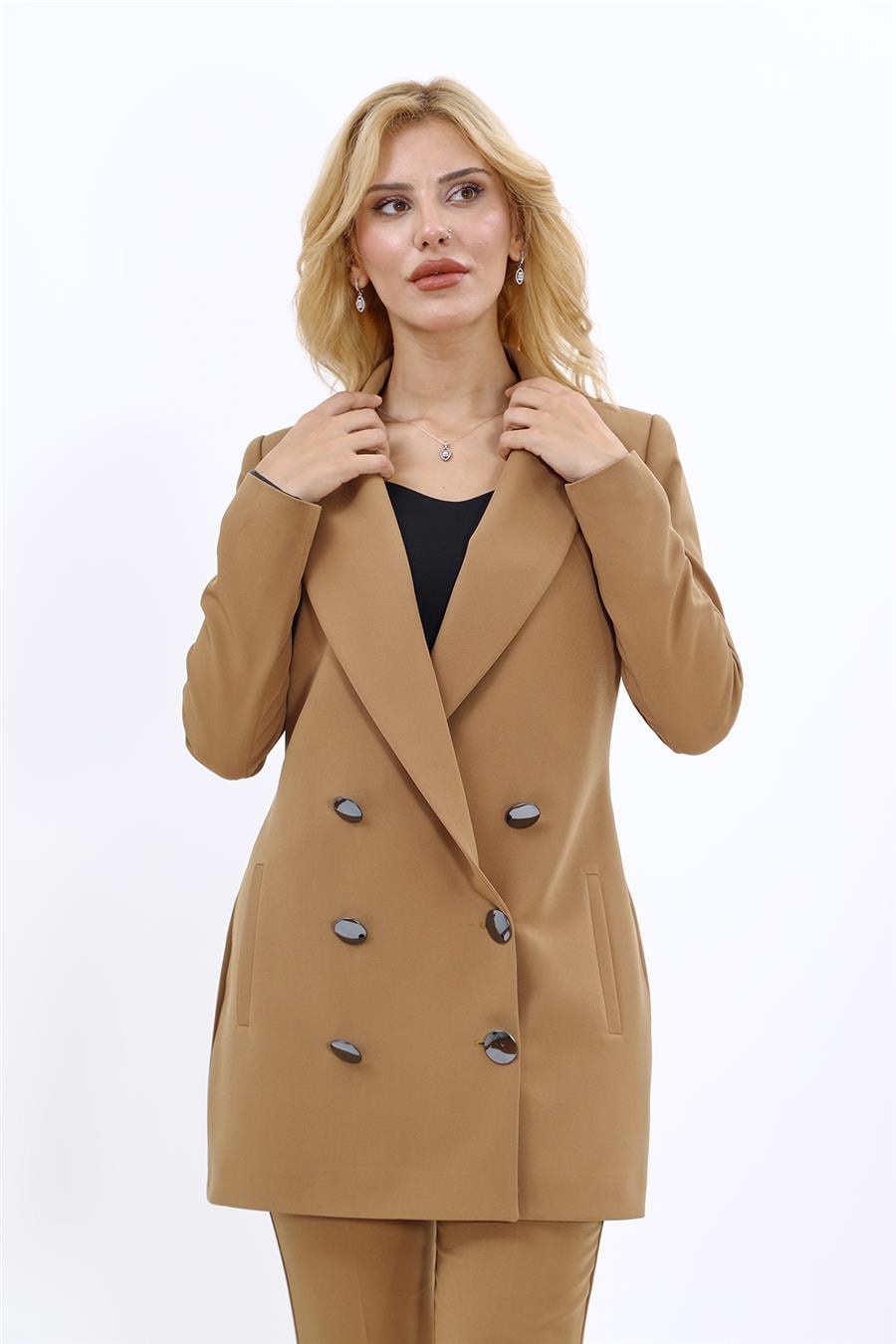 Erkek Yaka Kuruvaze Uzun Ceket-Camel Önder Özsoy 1066100 Uzun Klasik Blazer Ceket