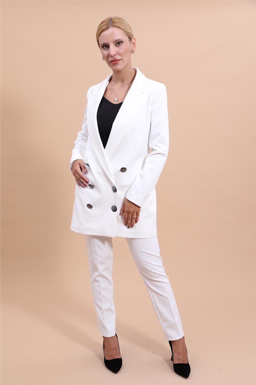 Erkek Yaka Kuruvaze Uzun Ceket & Dar Paça Pantolon-Beyaz Önder Özsoy 1066510 Uzun Klasik Blazer Ceket & Boru Paça Pantolon Takım