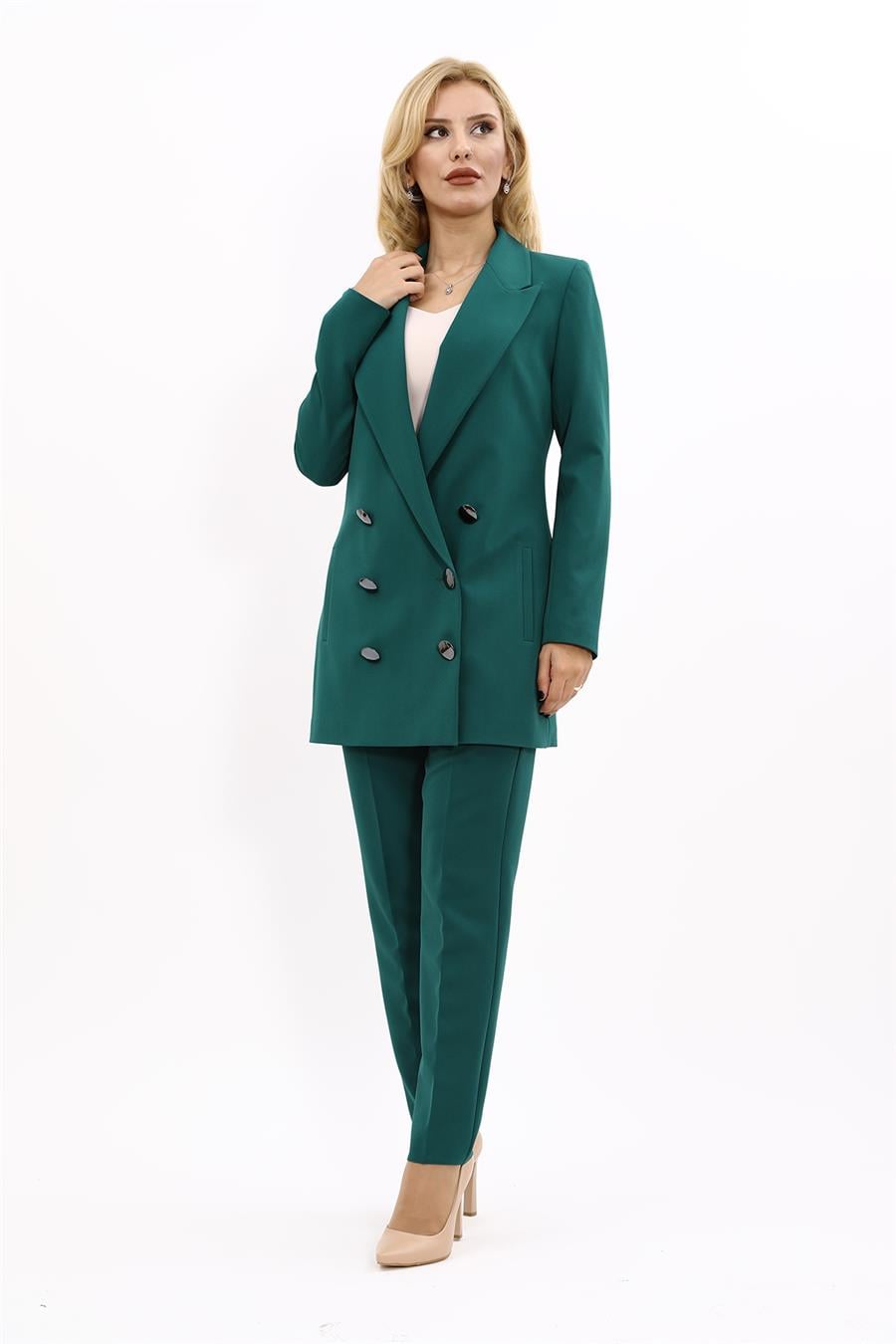 Erkek Yaka Kuruvaze Uzun Ceket & Dar Paça Pantolon-Zümrüt Önder Özsoy 1066510 Uzun Klasik Blazer Ceket & Boru Paça Pantolon Takım