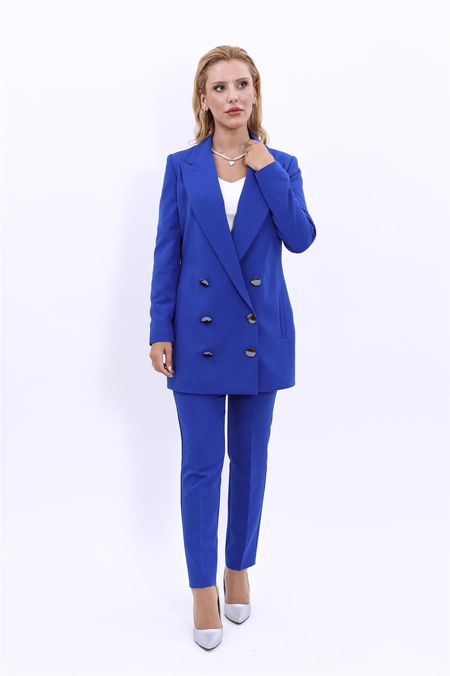 Erkek Yaka Kuruvaze Uzun Ceket & Dar Paça Pantolon-Saks Önder Özsoy 1066510 Uzun Klasik Blazer Ceket & Boru Paça Pantolon Takım