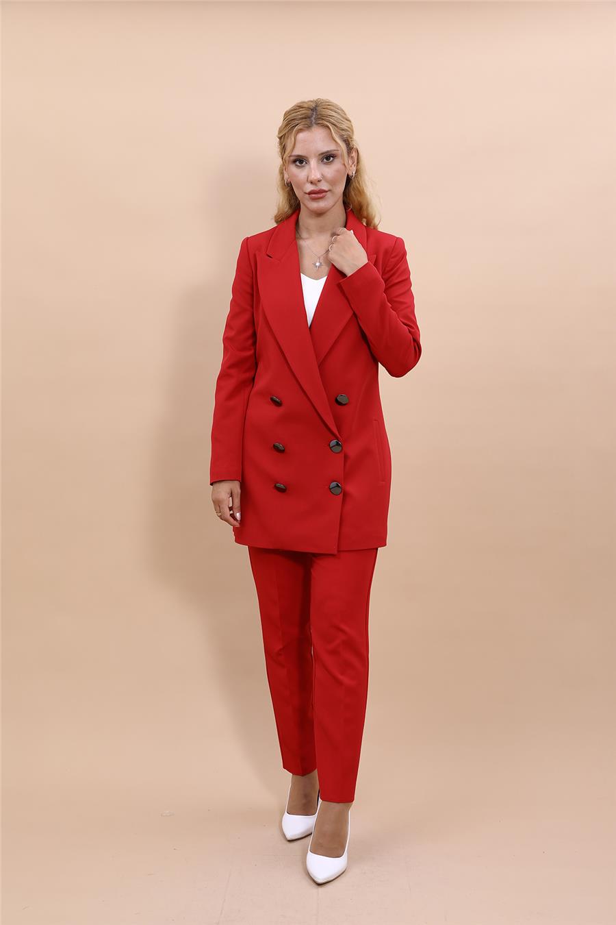 Erkek Yaka Kuruvaze Uzun Ceket & Dar Paça Pantolon-Kırmızı Önder Özsoy 1066510 Uzun Klasik Blazer Ceket & Boru Paça Pantolon Takım