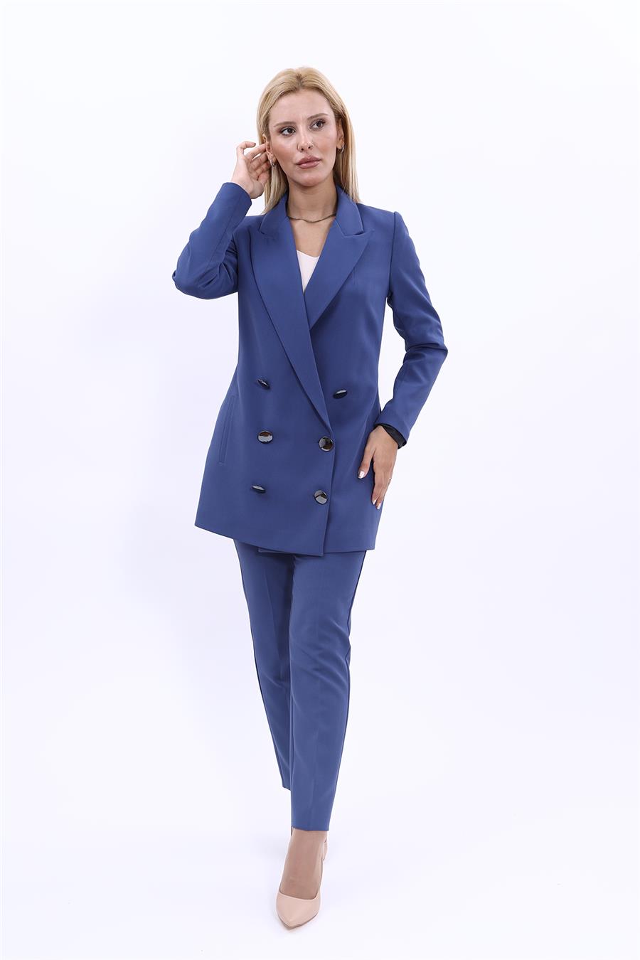 Erkek Yaka Kuruvaze Uzun Ceket & Dar Paça Pantolon-İndigo Önder Özsoy 1066510 Uzun Klasik Blazer Ceket & Boru Paça Pantolon Takım