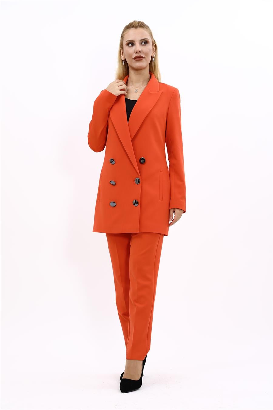 Erkek Yaka Kuruvaze Uzun Ceket & Dar Paça Pantolon-Turuncu Önder Özsoy 1066510 Uzun Klasik Blazer Ceket & Boru Paça Pantolon Takım