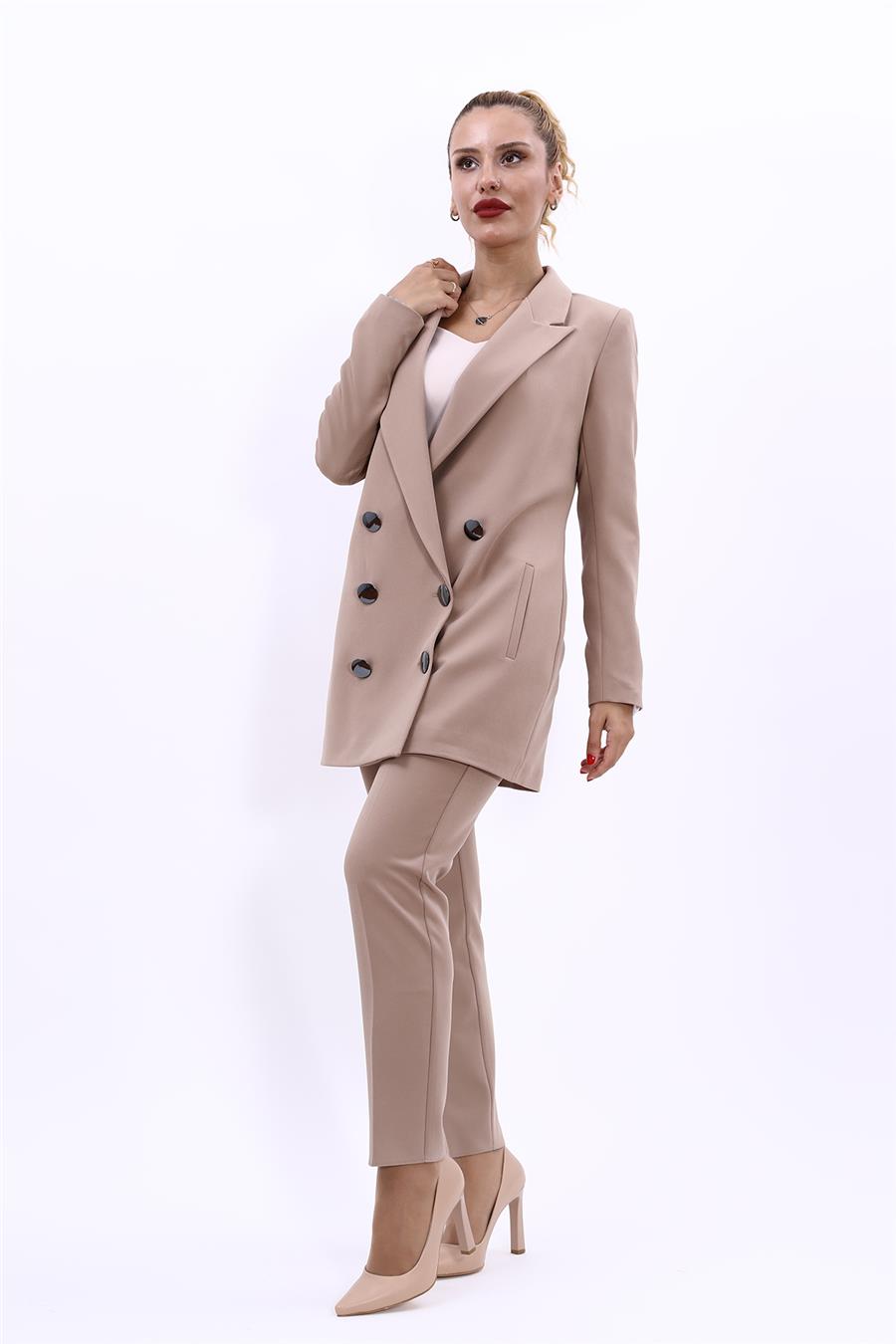Erkek Yaka Kuruvaze Uzun Ceket & Dar Paça Pantolon-Taş Önder Özsoy 1066510 Uzun Klasik Blazer Ceket & Boru Paça Pantolon Takım