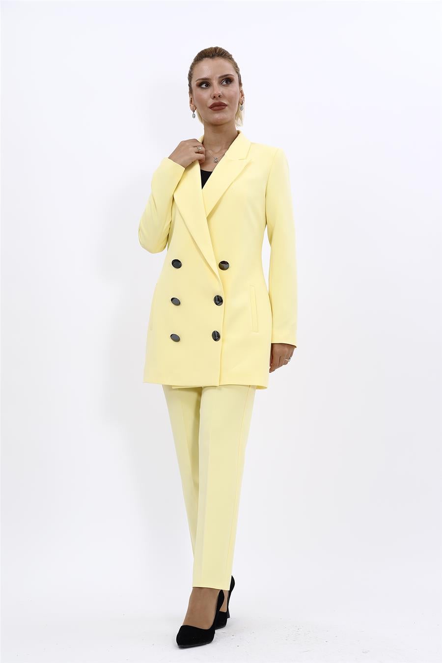 Erkek Yaka Kuruvaze Uzun Ceket & Dar Paça Pantolon-Sarı Önder Özsoy 1066510 Uzun Klasik Blazer Ceket & Boru Paça Pantolon Takım