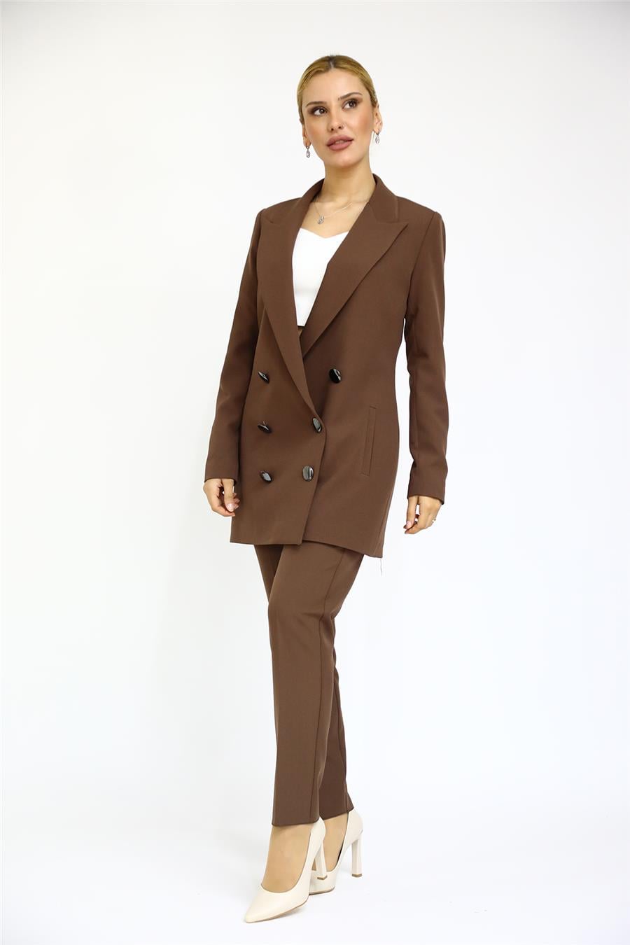 Erkek Yaka Kuruvaze Uzun Ceket & Dar Paça Pantolon-Kestane Önder Özsoy 1066510 Uzun Klasik Blazer Ceket & Boru Paça Pantolon Takım