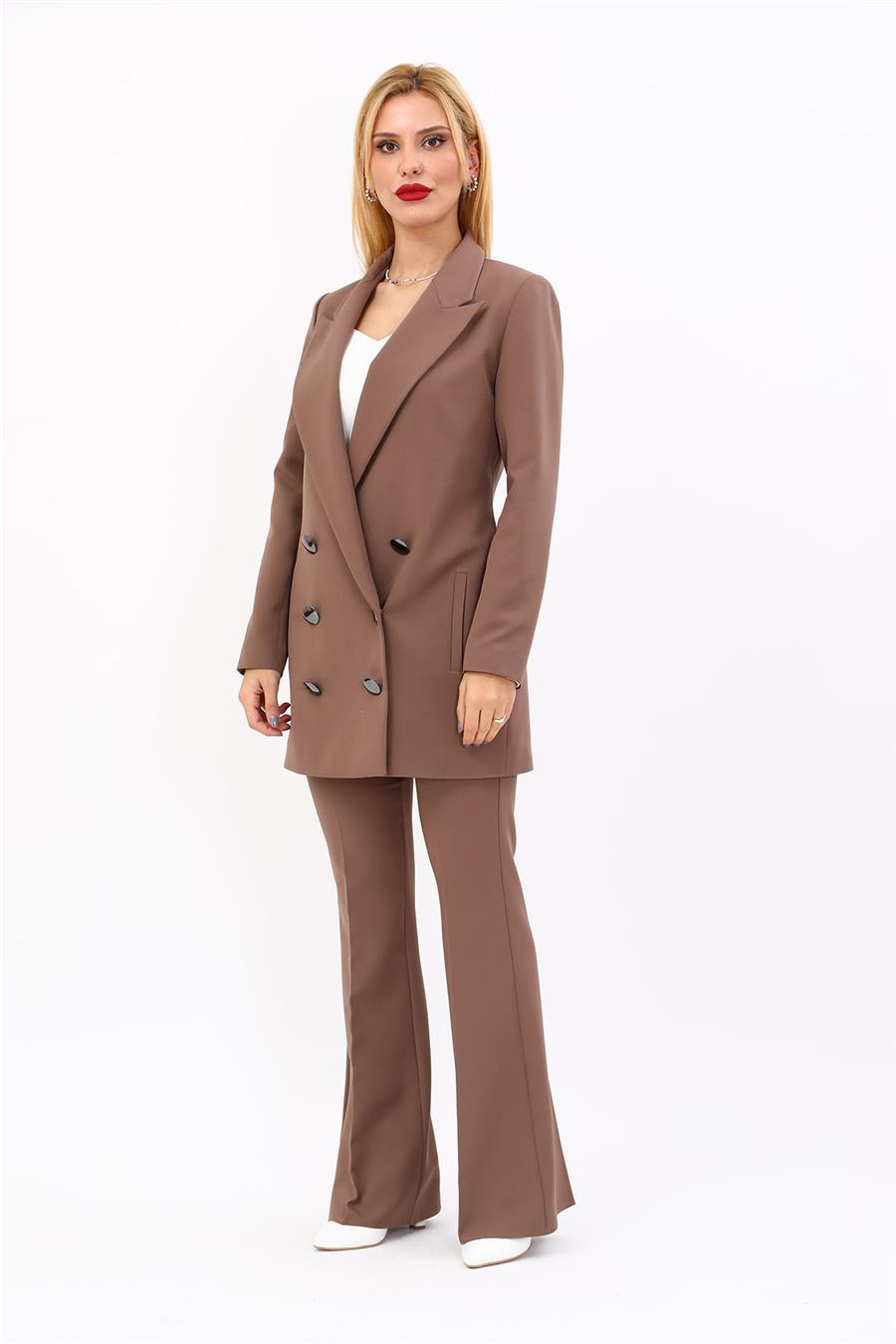 Erkek Yaka Kuruvaze Uzun Ceket & İspanyol Paça Pantolon-Kahve Önder Özsoy 1066530 Uzun Klasik Blazer Ceket & İspanyol  Paça Pantolon Takım