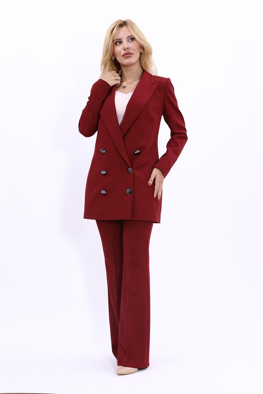 Erkek Yaka Kuruvaze Uzun Ceket & İspanyol Paça Pantolon-Bordo Önder Özsoy 1066530 Uzun Klasik Blazer Ceket & İspanyol  Paça Pantolon Takım