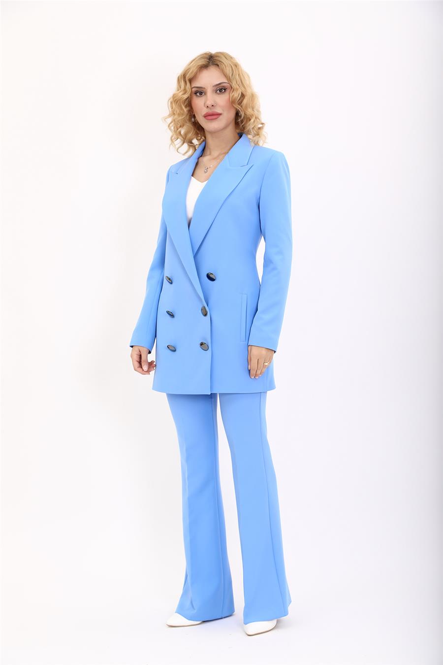 Erkek Yaka Kuruvaze Uzun Ceket & İspanyol Paça Pantolon-Gökyüzü Önder Özsoy 1066530 Uzun Klasik Blazer Ceket & İspanyol  Paça Pantolon Takım
