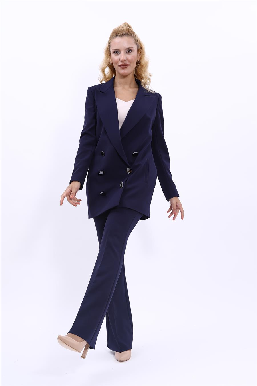 Erkek Yaka Kuruvaze Uzun Ceket & İspanyol Paça Pantolon-Lacivert Önder Özsoy 1066530 Uzun Klasik Blazer Ceket & İspanyol  Paça Pantolon Takım