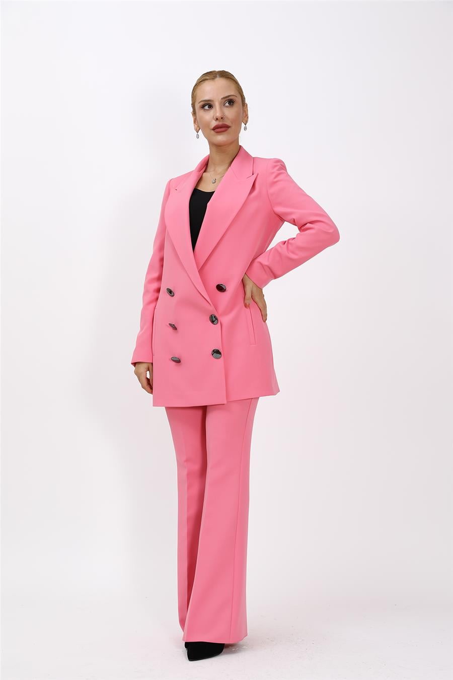 Erkek Yaka Kuruvaze Uzun Ceket & İspanyol Paça Pantolon-Pembe Önder Özsoy 1066530 Uzun Klasik Blazer Ceket & İspanyol  Paça Pantolon Takım