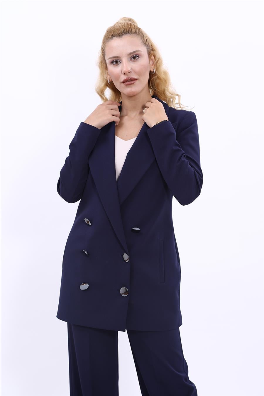 Erkek Yaka Kuruvaze Uzun Ceket-Lacivert Önder Özsoy 1066100 Uzun Klasik Blazer Ceket