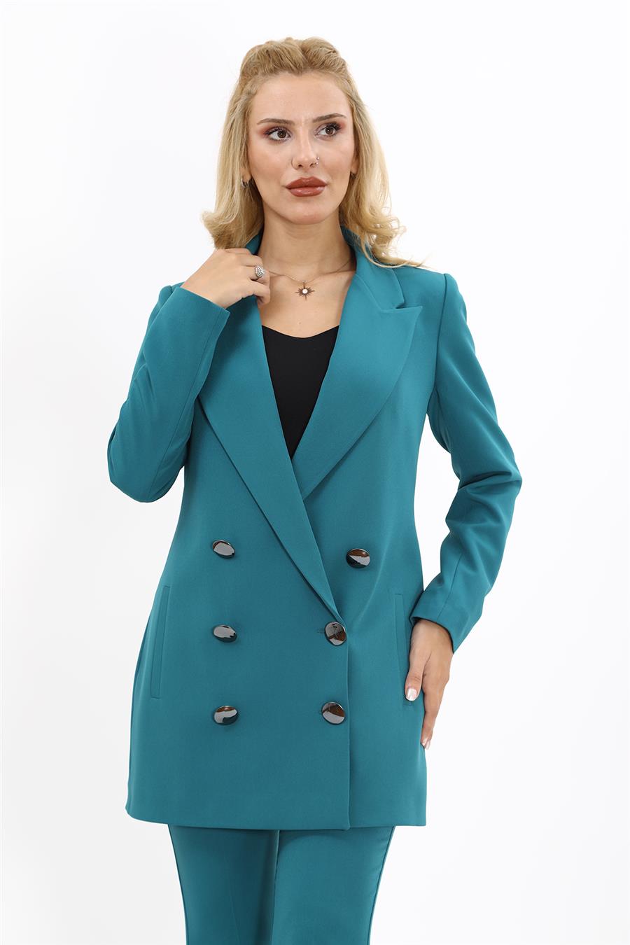 Erkek Yaka Kuruvaze Uzun Ceket-Petrol Önder Özsoy 1066100 Uzun Klasik Blazer Ceket