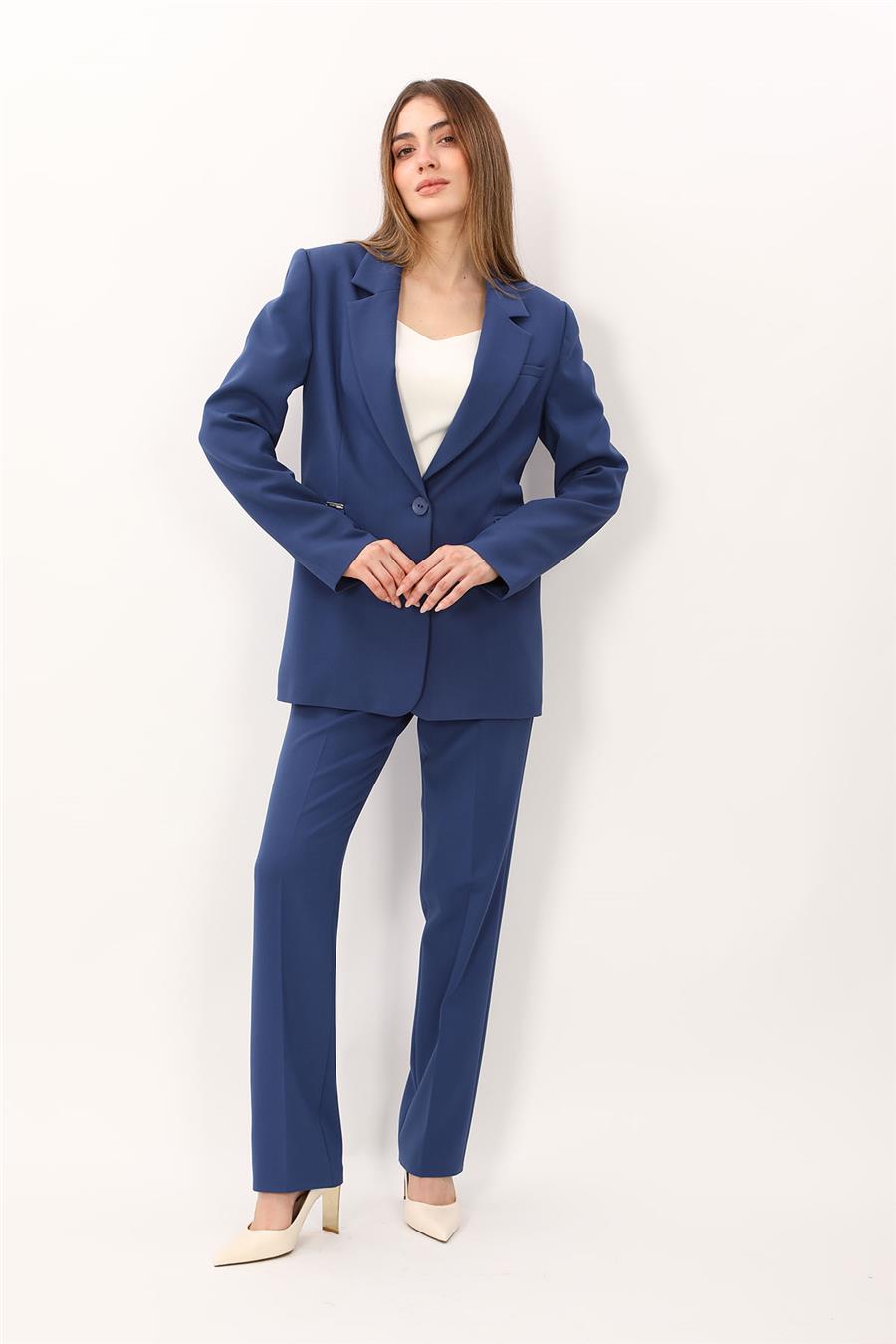Erkek Yaka Oversize Ceket & Kemerli Boru Paça Pantolon-İndigo Önder Özsoy 1097505 Pantolon Ceket Takım