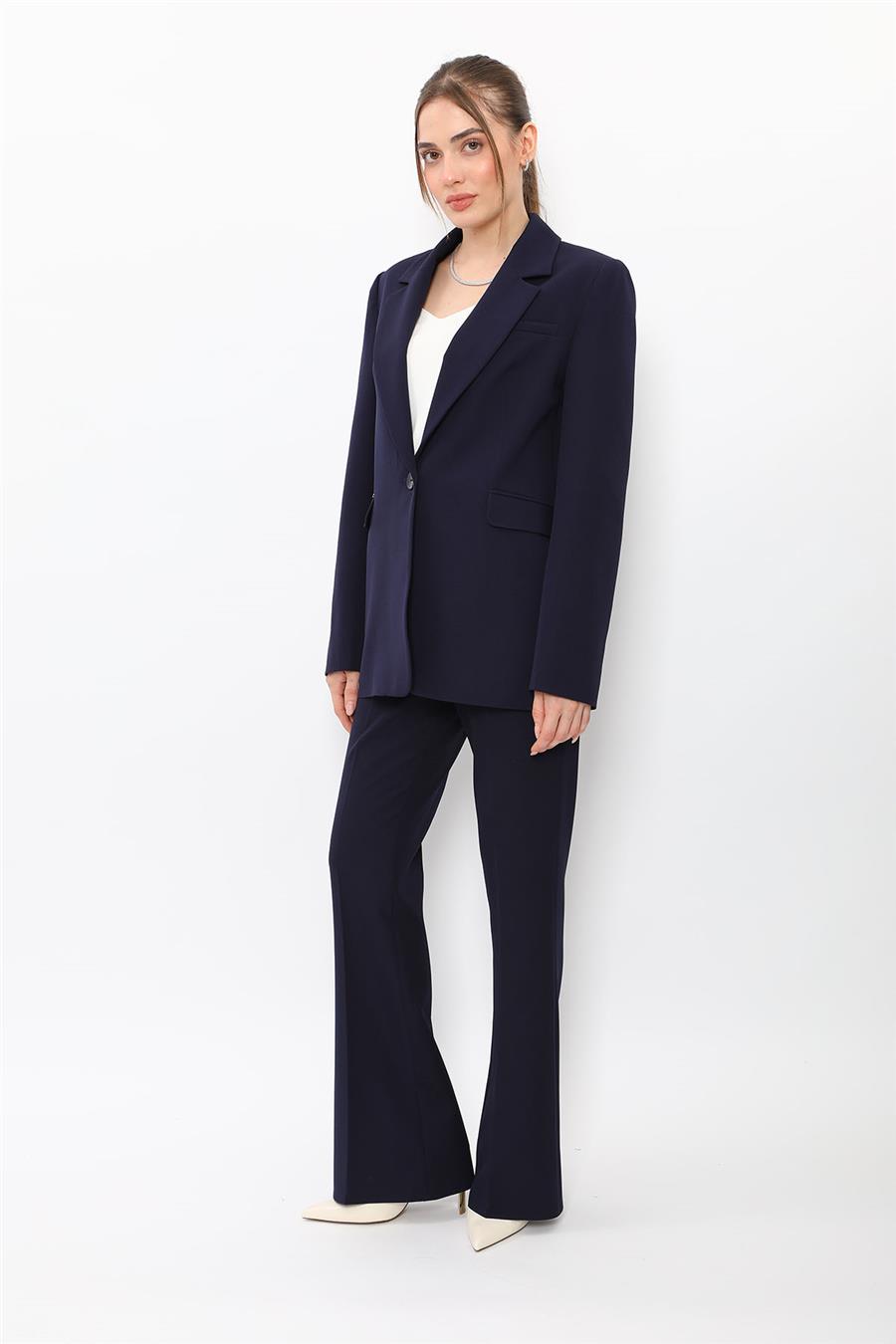 Erkek Yaka Oversize Ceket & Kemerli İspanyol Paça Pantolon-Lacivert Önder Özsoy 1097506 Pantolon Ceket Takım