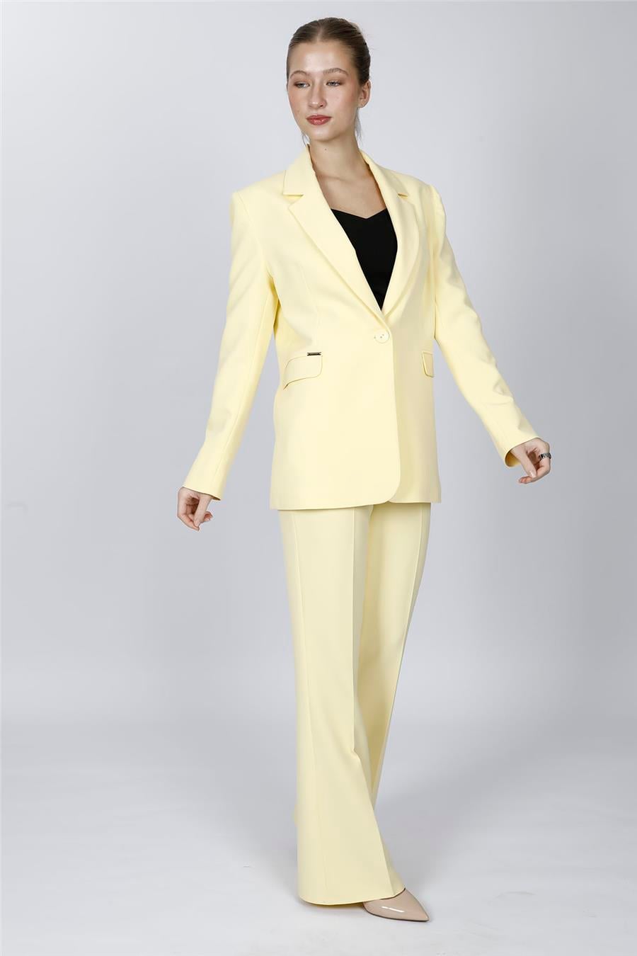 Erkek Yaka Oversize Ceket & Kemerli İspanyol Paça Pantolon-Sarı Önder Özsoy 1097506 Pantolon Ceket Takım