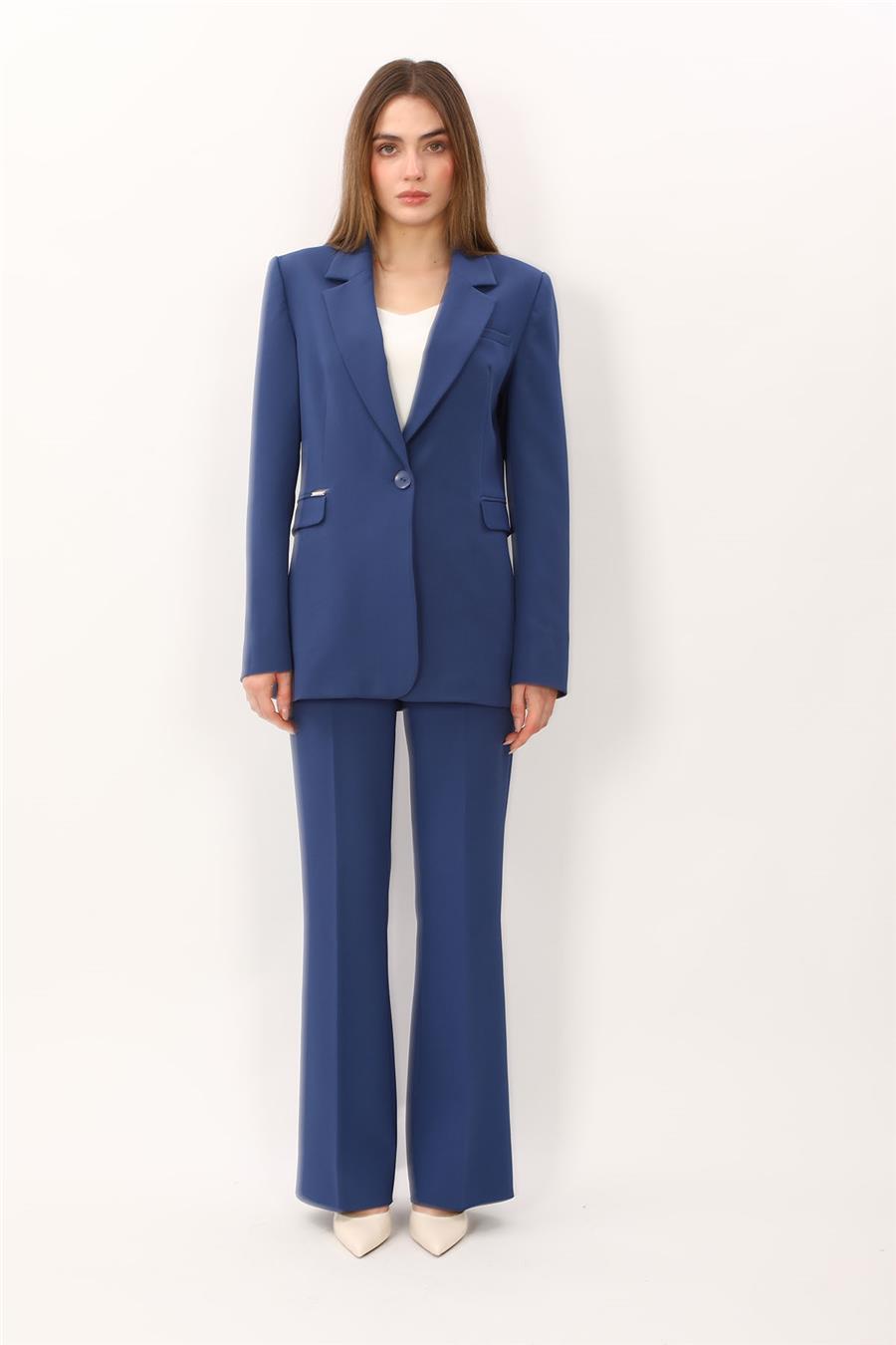 Erkek Yaka Oversize Ceket & Kemerli İspanyol Paça Pantolon-İndigo Önder Özsoy 1097506 Pantolon Ceket Takım