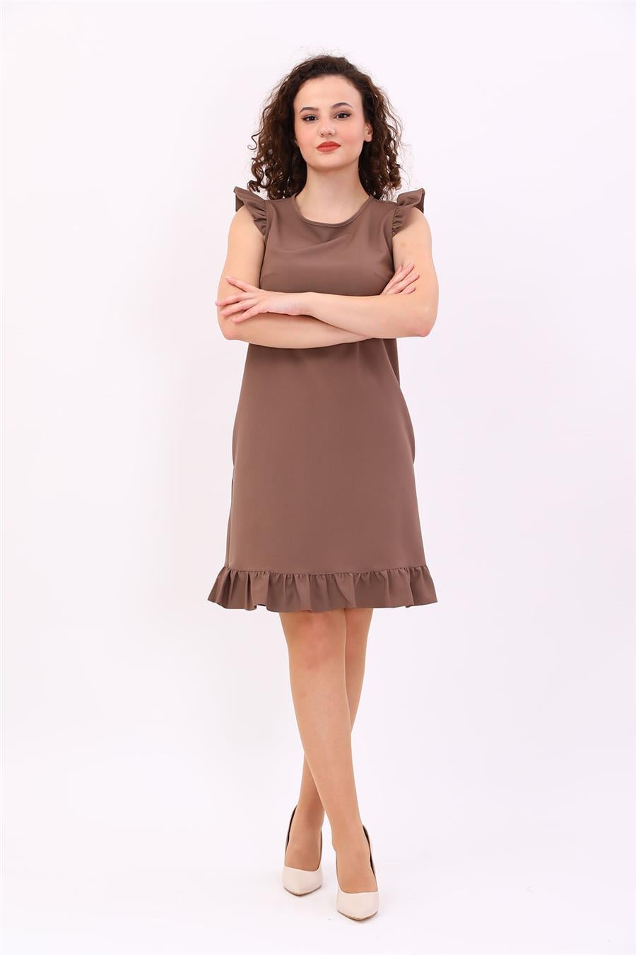 Fırfır Detaylı Cepli Rahat Kadın Elbise-Kahve Önder Özsoy 9111100 Klasik Elbise