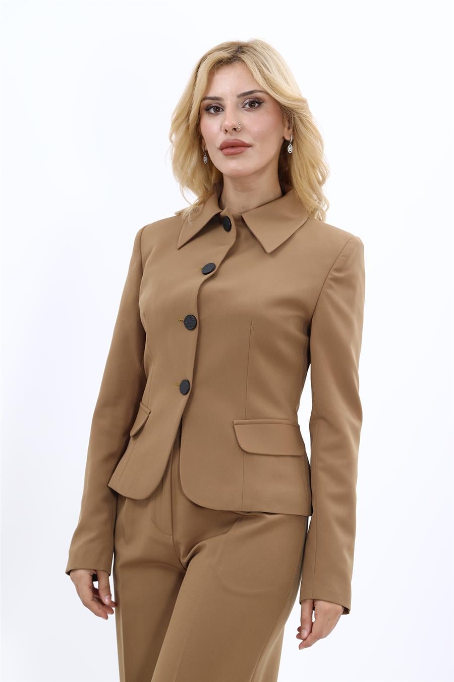 Gömlek Yaka Klasik Ceket-Camel Önder Özsoy 1054100 Peplum Ceket