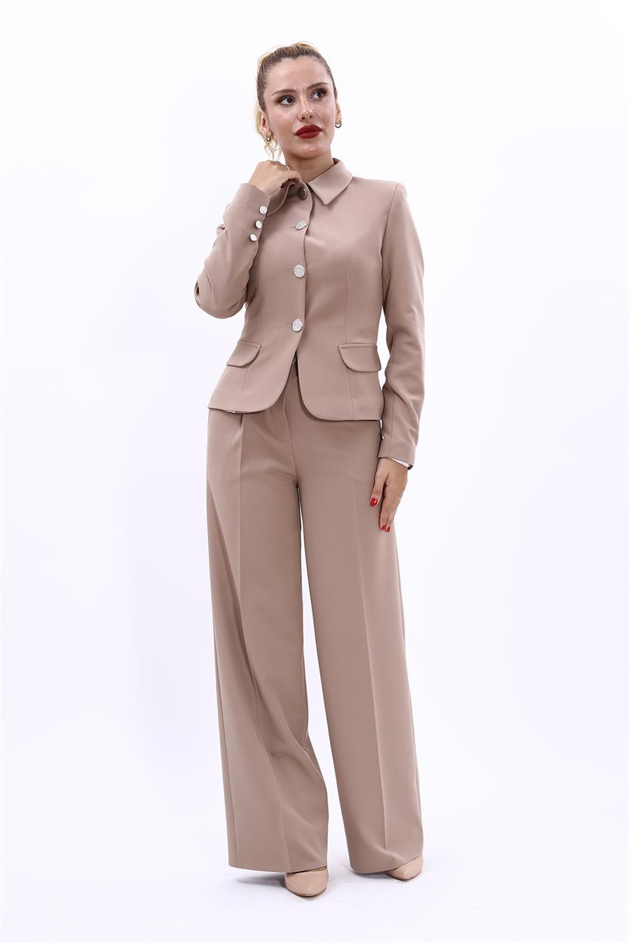 Gömlek Yaka Klasik Ceket &  Korsaj Kemer Palazzo Pantolon-Taş Önder Özsoy 1054522 Peplum Ceket & Yüksek Bel Bol Paça Pantolon Takım