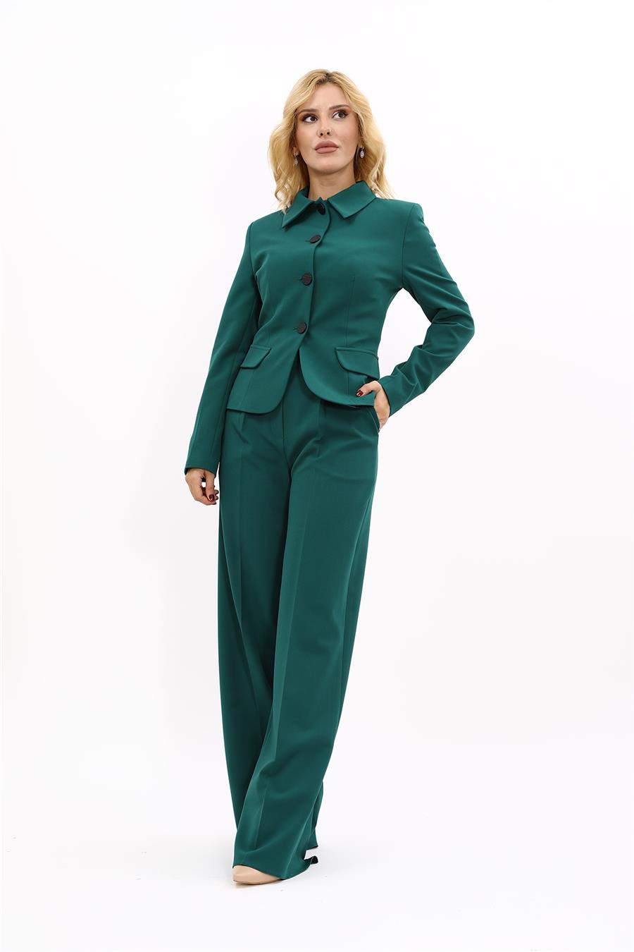 Gömlek Yaka Klasik Ceket &  Korsaj Kemer Palazzo Pantolon-Zümrüt Önder Özsoy 1054522 Peplum Ceket & Yüksek Bel Bol Paça Pantolon Takım