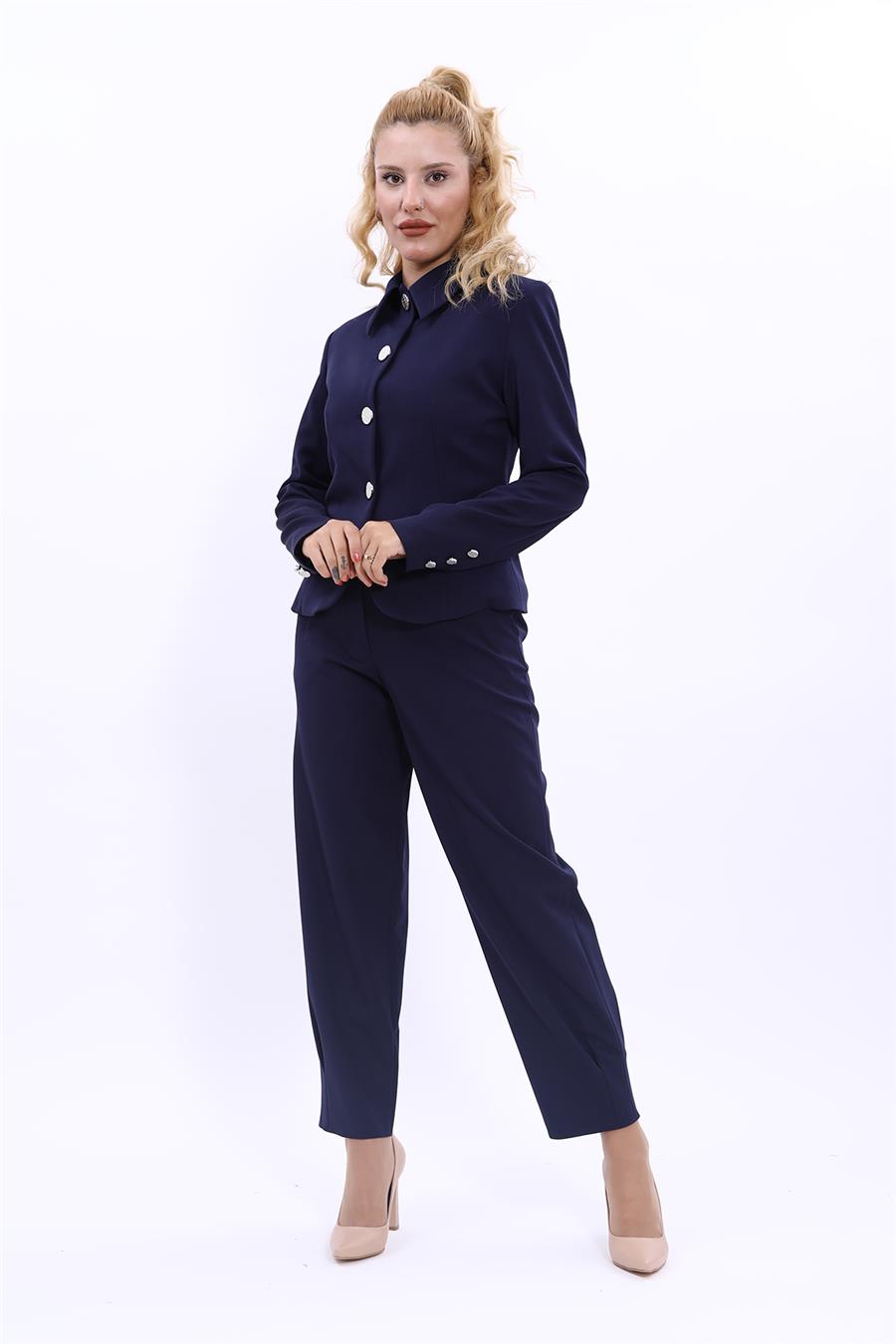 Gömlek Yaka Klasik Ceket &  Paçası Pileli Pantolon-Lacivert Önder Özsoy 1054532 Peplum Ceket & Pile Paçalı Pantolon Takım