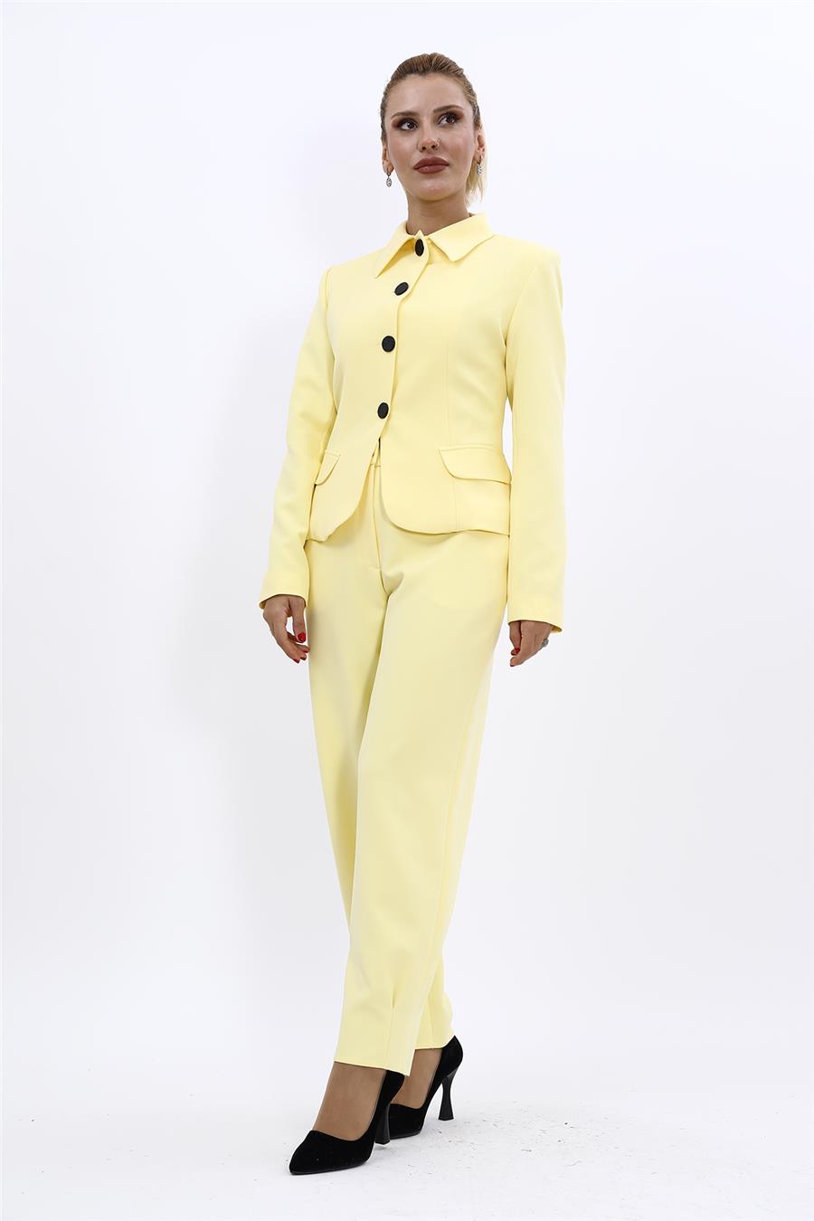 Gömlek Yaka Klasik Ceket &  Paçası Pileli Pantolon-Sarı Önder Özsoy 1054532 Peplum Ceket & Pile Paçalı Pantolon Takım