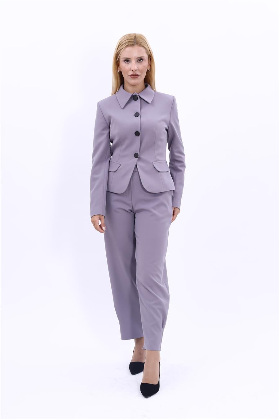 Gömlek Yaka Klasik Ceket &  Paçası Pileli Pantolon-Antrasit Önder Özsoy 1054532 Peplum Ceket & Pile Paçalı Pantolon Takım