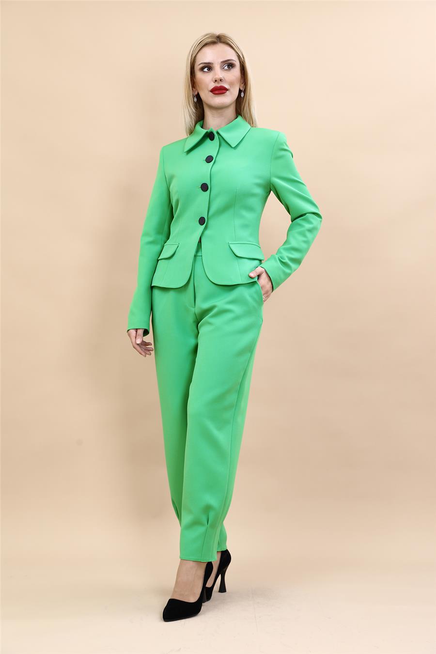 Gömlek Yaka Klasik Ceket &  Paçası Pileli Pantolon-Yeşil Önder Özsoy 1054532 Peplum Ceket & Pile Paçalı Pantolon Takım
