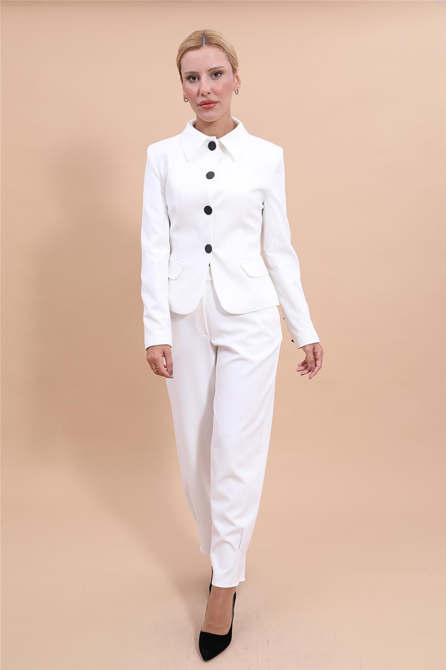 Gömlek Yaka Klasik Ceket &  Paçası Pileli Pantolon-Beyaz Önder Özsoy 1054532 Peplum Ceket & Pile Paçalı Pantolon Takım