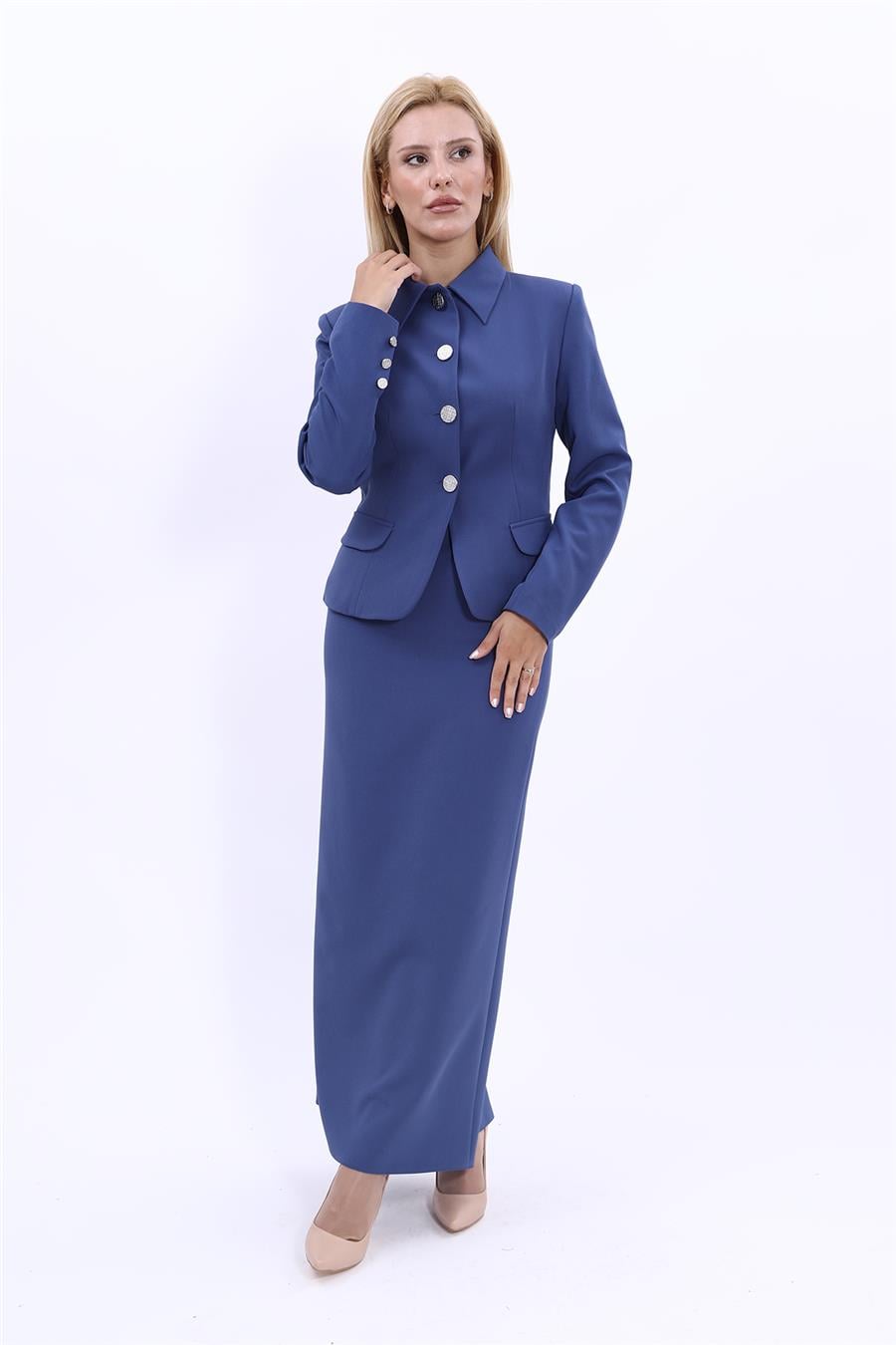 Gömlek Yaka Klasik Ceket &  Uzun Düz Dar Etek-İndigo Önder Özsoy 1054553 Peplum Ceket & Uzun Kalem Etek Takım