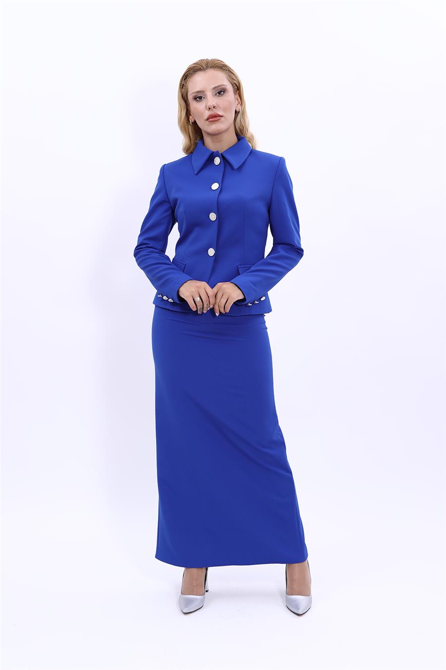 Gömlek Yaka Klasik Ceket &  Uzun Düz Dar Etek-Saks Önder Özsoy 1054553 Peplum Ceket & Uzun Kalem Etek Takım