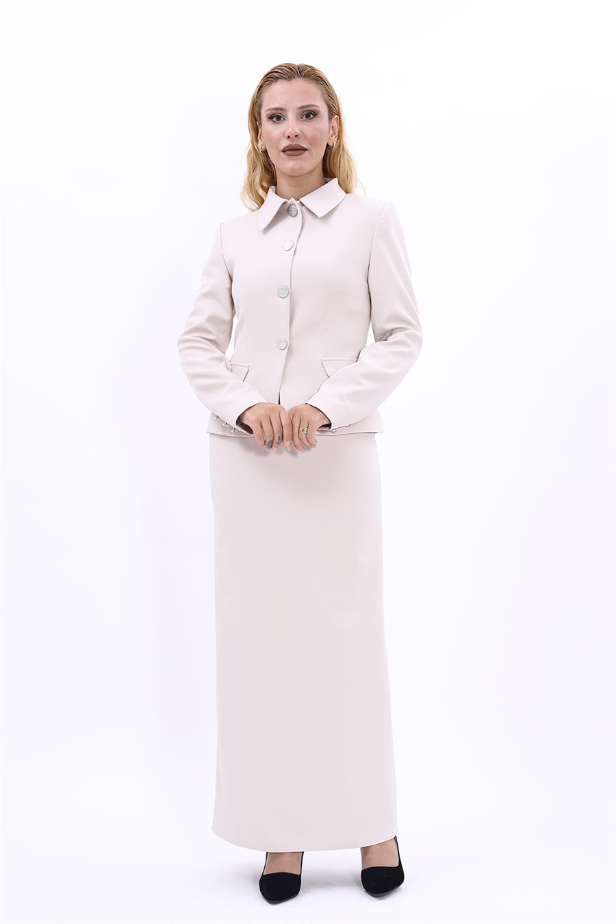 Gömlek Yaka Klasik Ceket &  Uzun Düz Dar Etek-Bej Önder Özsoy 1054553 Peplum Ceket & Uzun Kalem Etek Takım